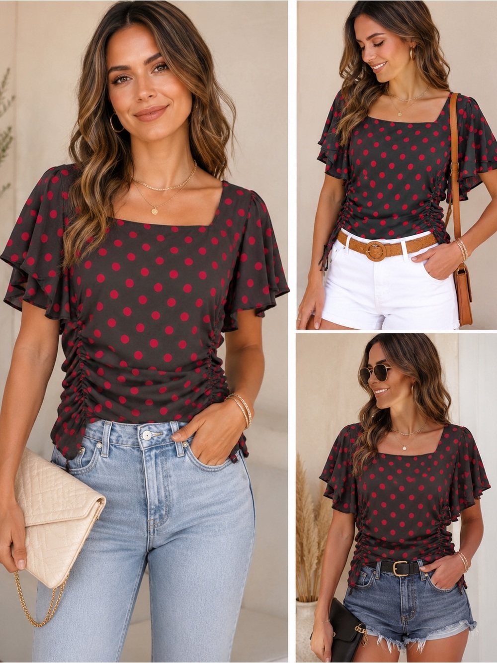 Anthropologie Amadi Polka Dot Retro Flutter Blouse Deep Chocolate Red Size L